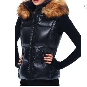 S13 New York Down Puffer Vest M Snowcat Natural Faux Fur Trim Hooded Jet/Natural